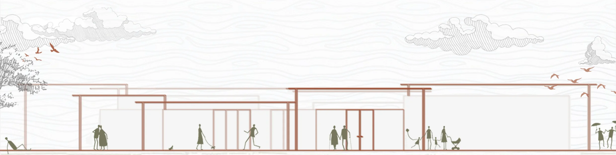 Portfolyo kapağındaki cephe çizimi: pergola altında yürüyen, sohbet eden, çocuklarıyla gezen insanlar